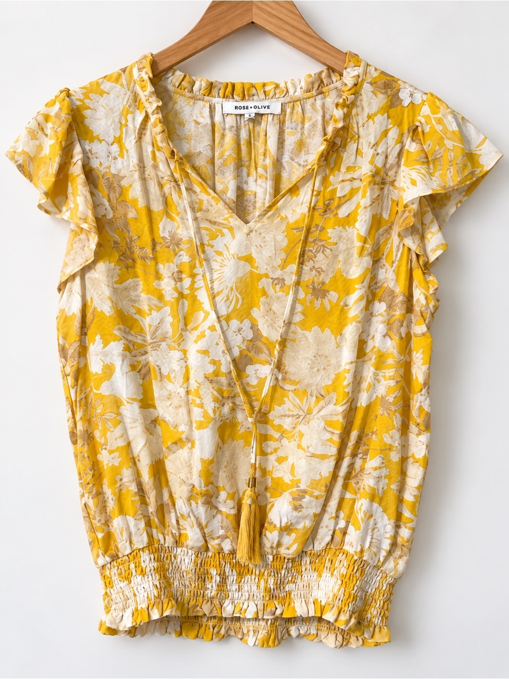Rose & Olive Yellow and Cream Floral V-Neck Tassel Top 4